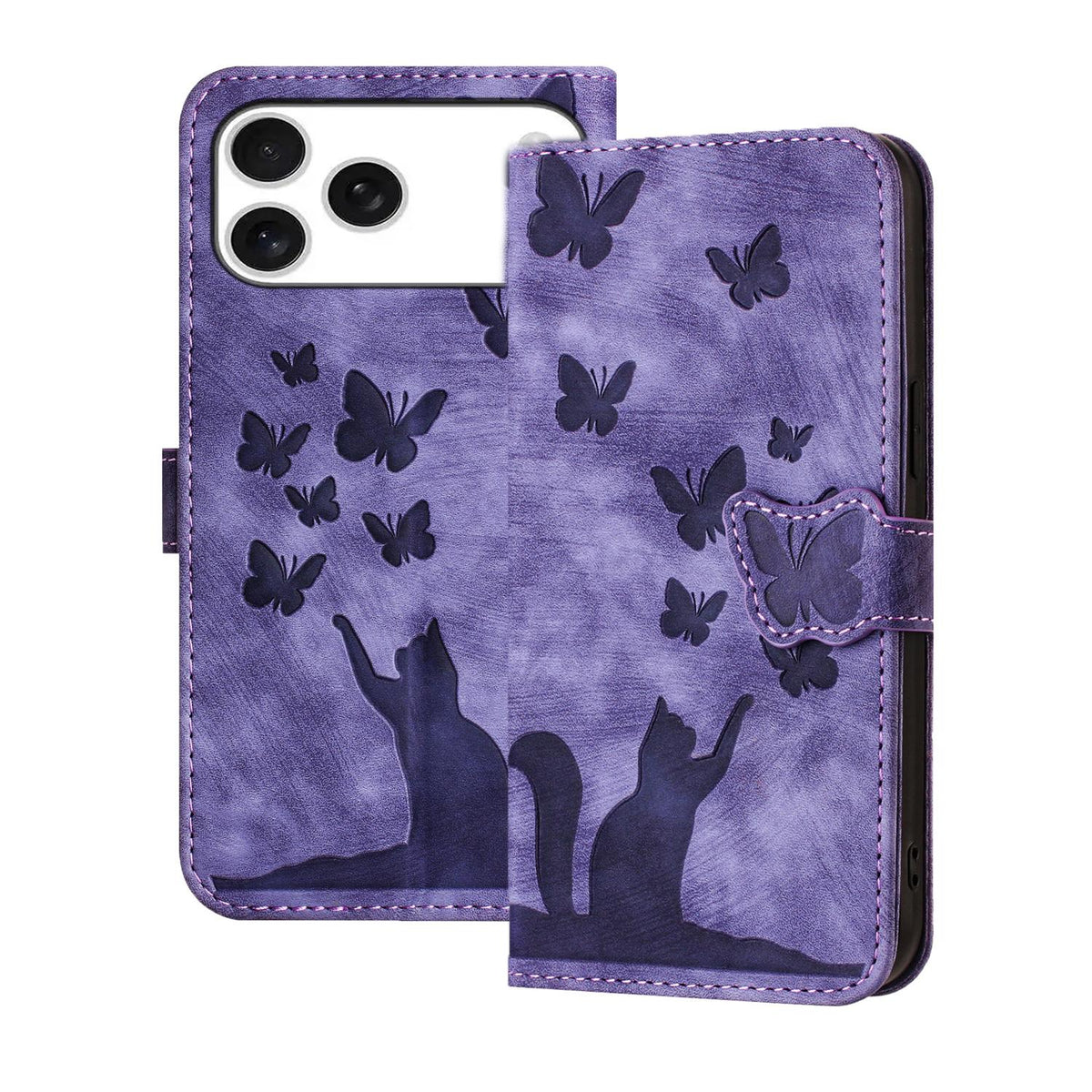 Compatible with iPhone 18 Pro Max & 17 Pro Max Butterfly Cat Embossing Flip Leather Phone Case - Purple