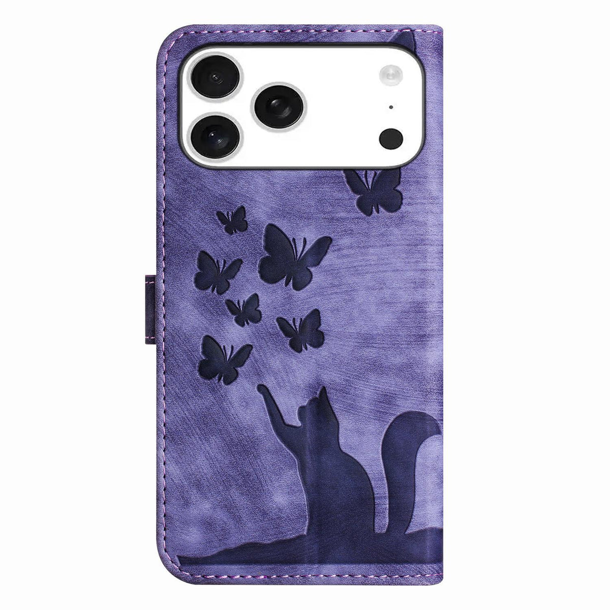 Compatible with iPhone 18 Pro Max & 17 Pro Max Butterfly Cat Embossing Flip Leather Phone Case - Purple