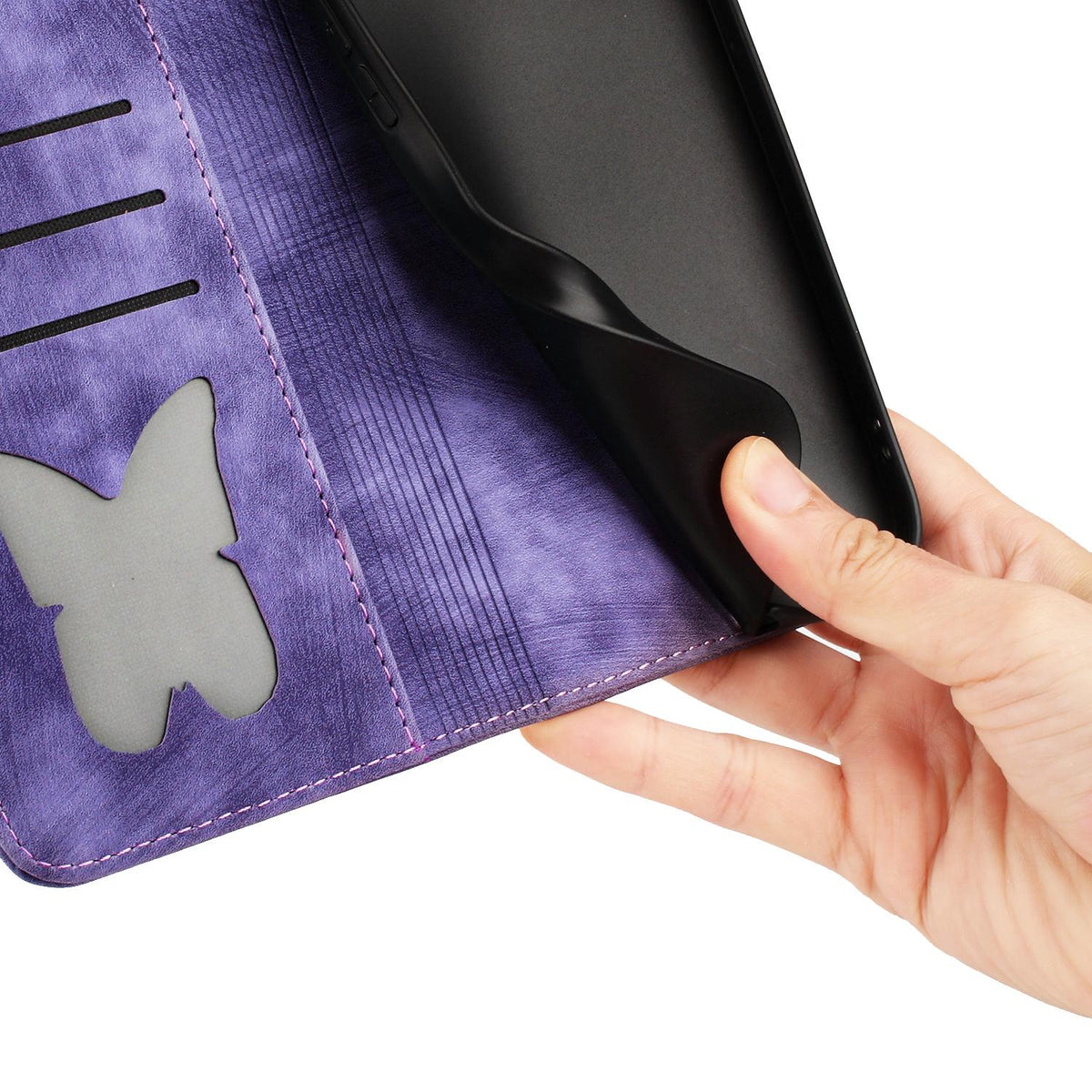 Compatible with iPhone 18 Pro Max & 17 Pro Max Butterfly Cat Embossing Flip Leather Phone Case - Purple