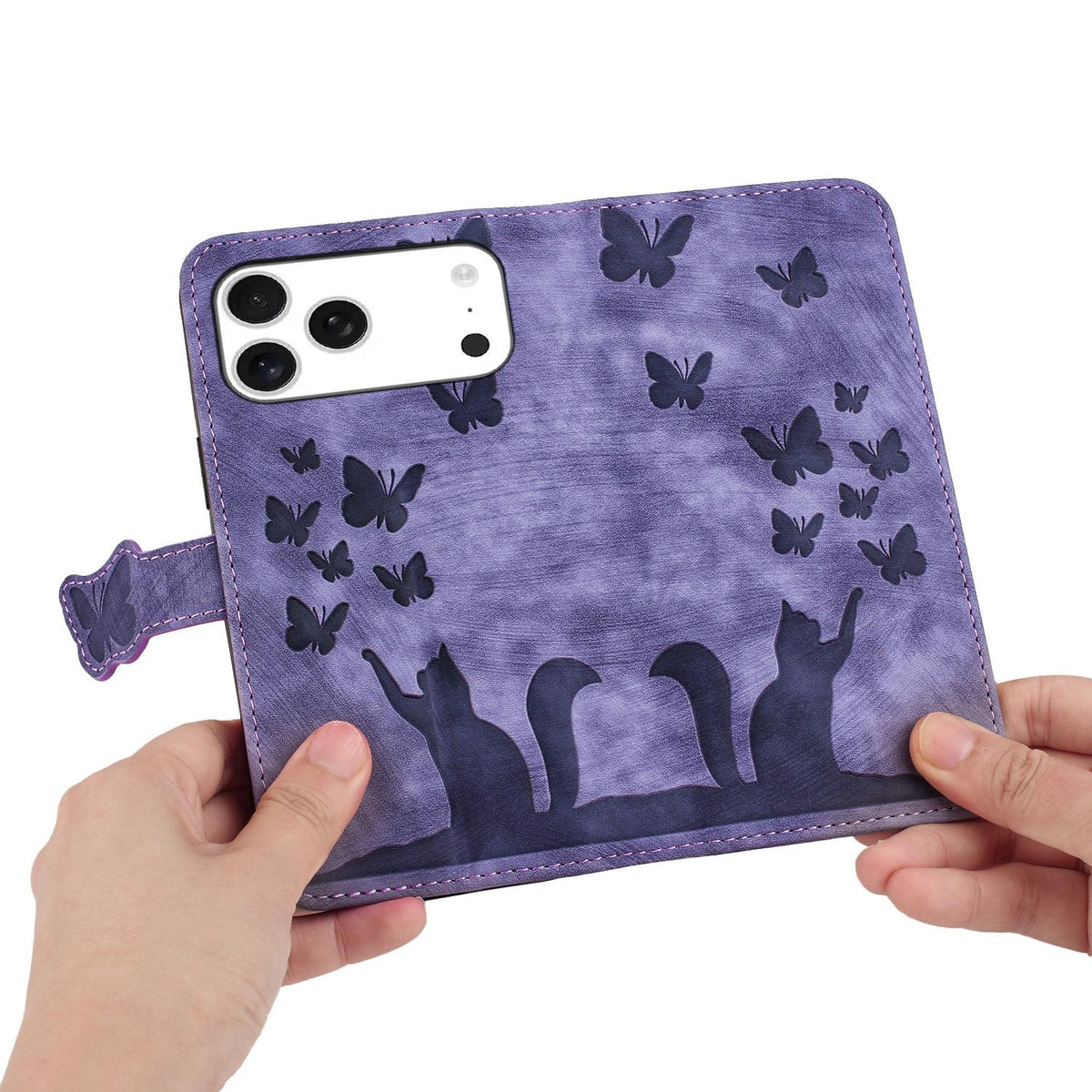 Compatible with iPhone 18 Pro Max & 17 Pro Max Butterfly Cat Embossing Flip Leather Phone Case - Purple
