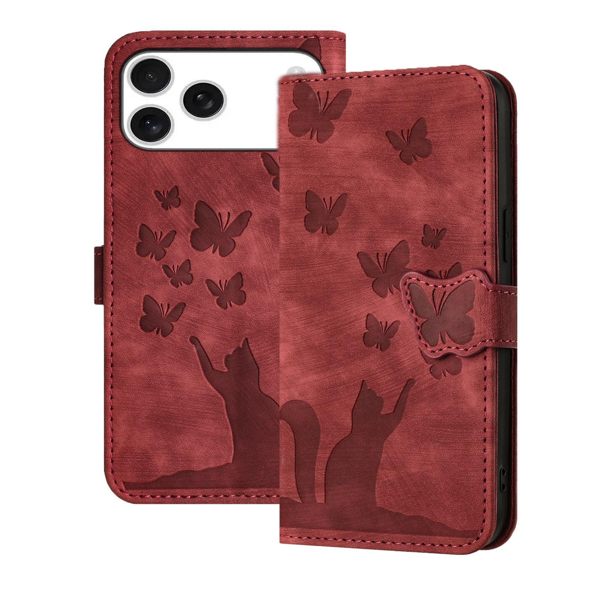 Compatible with iPhone 18 Pro Max & 17 Pro Max Butterfly Cat Embossing Flip Leather Phone Case - Red