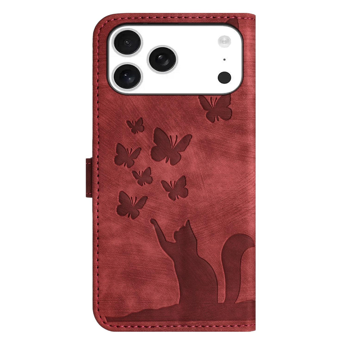 Compatible with iPhone 18 Pro Max & 17 Pro Max Butterfly Cat Embossing Flip Leather Phone Case - Red