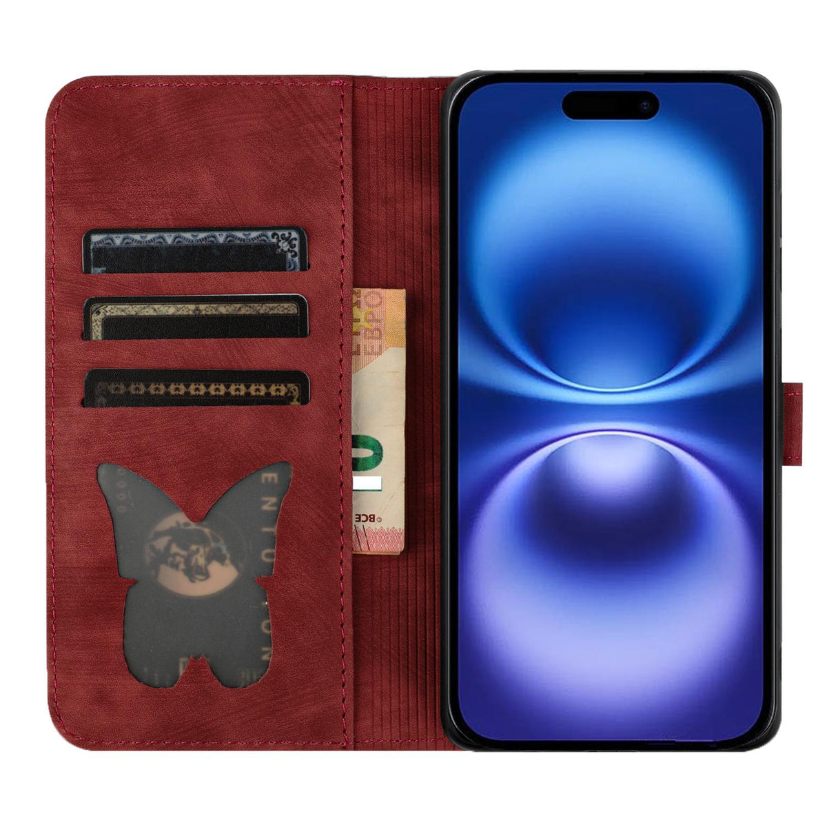 Compatible with iPhone 18 Pro Max & 17 Pro Max Butterfly Cat Embossing Flip Leather Phone Case - Red