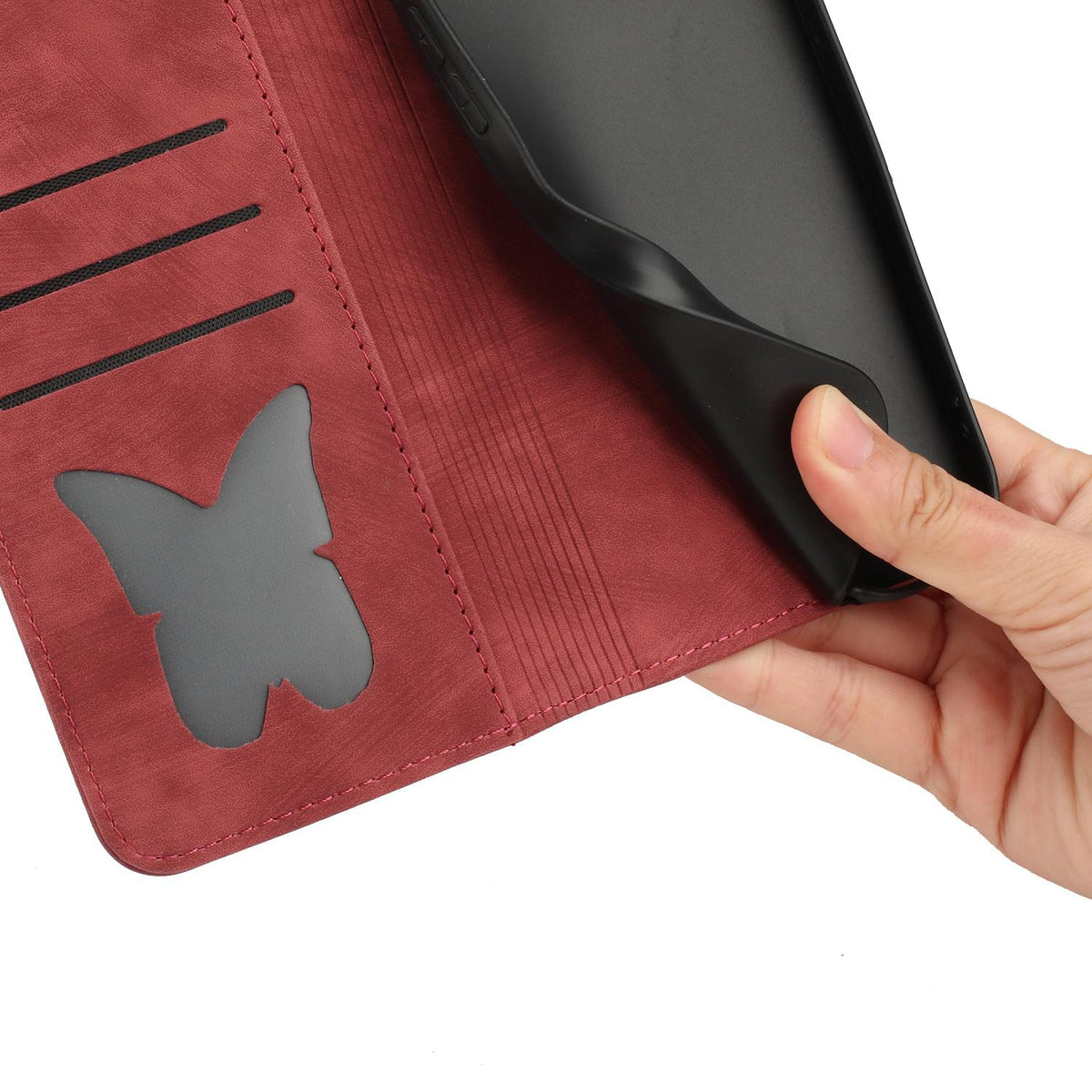 Compatible with iPhone 18 Pro Max & 17 Pro Max Butterfly Cat Embossing Flip Leather Phone Case - Red