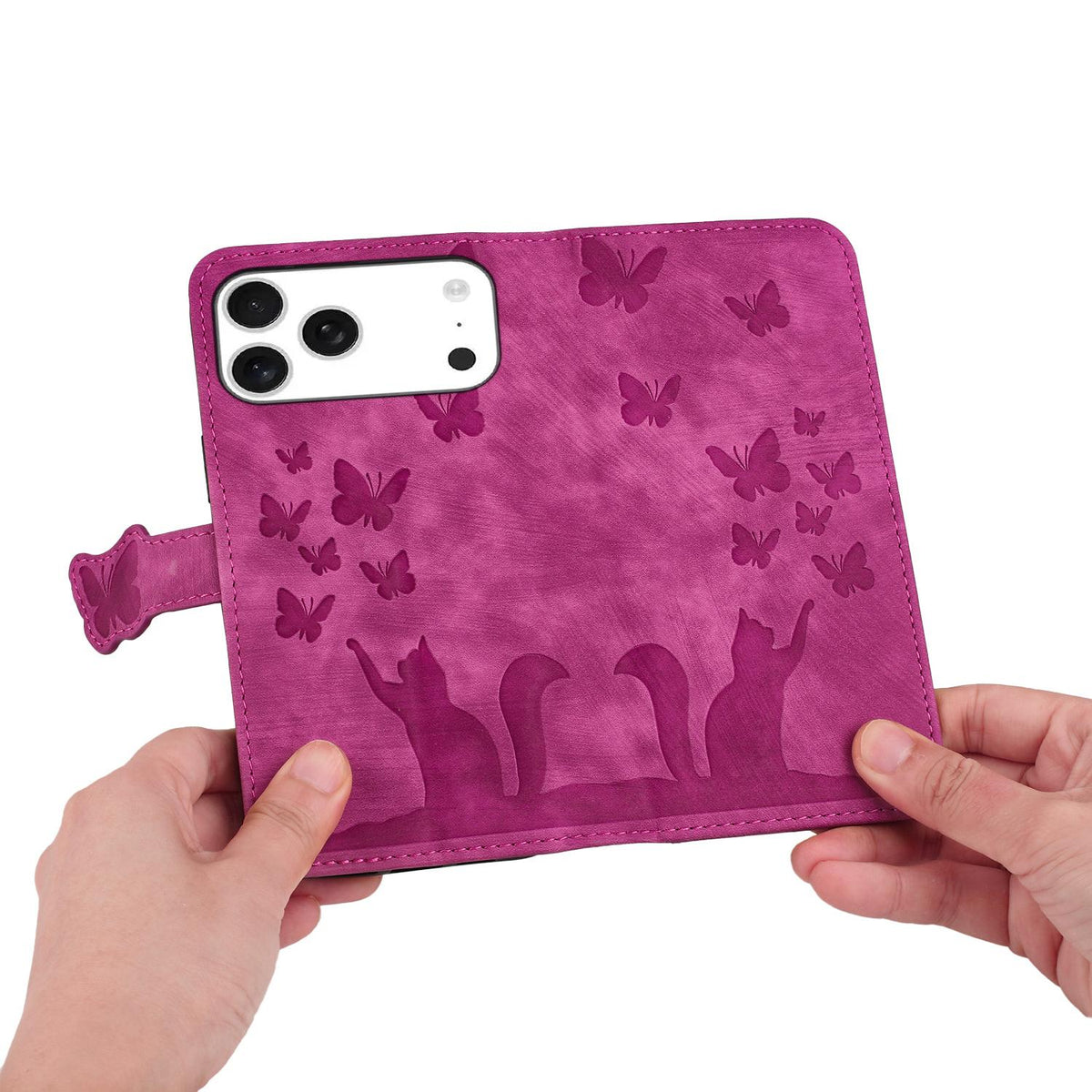Compatible with iPhone 18 Pro Max & 17 Pro Max Butterfly Cat Embossing Flip Leather Phone Case - Pink
