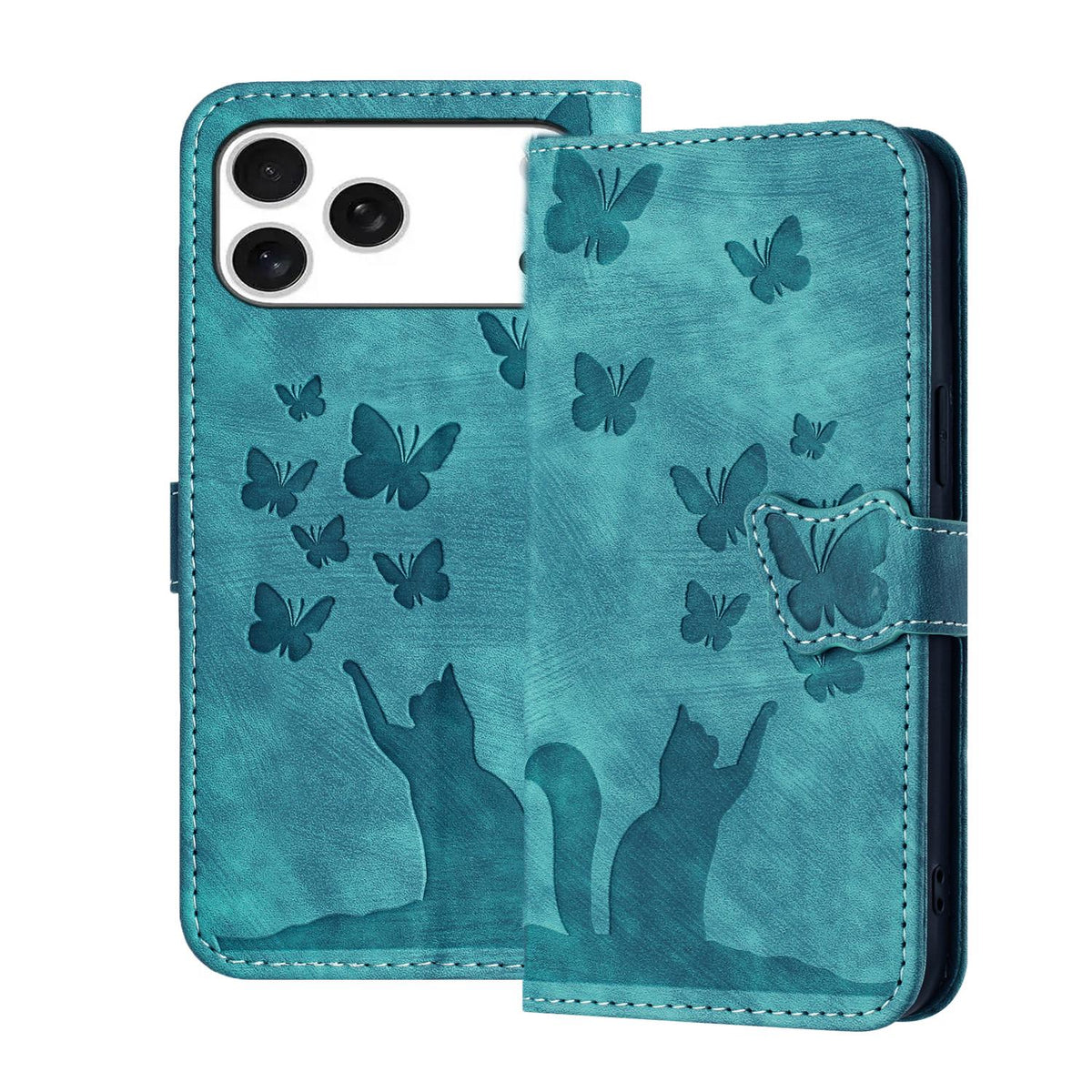 Compatible with iPhone 18 Pro Max & 17 Pro Max Butterfly Cat Embossing Flip Leather Phone Case - Wathet