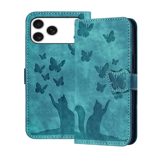 Compatible with iPhone 18 Pro Max & 17 Pro Max Butterfly Cat Embossing Flip Leather Phone Case - Wathet