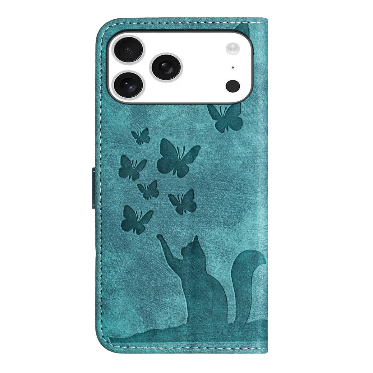 Compatible with iPhone 18 Pro Max & 17 Pro Max Butterfly Cat Embossing Flip Leather Phone Case - Wathet