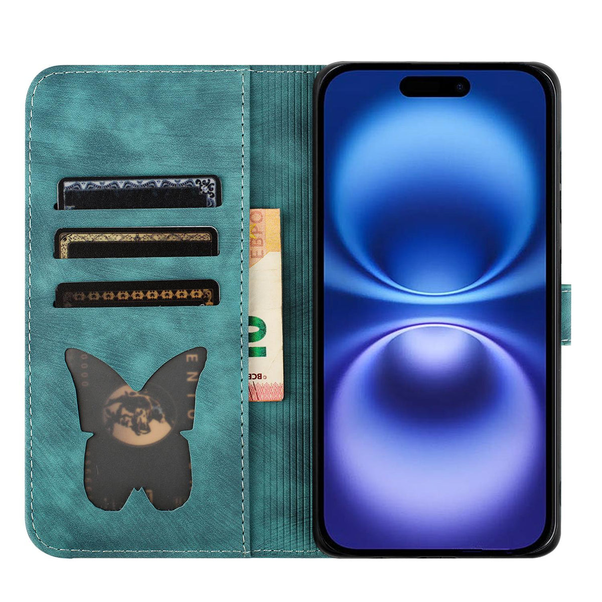 Compatible with iPhone 18 Pro Max & 17 Pro Max Butterfly Cat Embossing Flip Leather Phone Case - Wathet