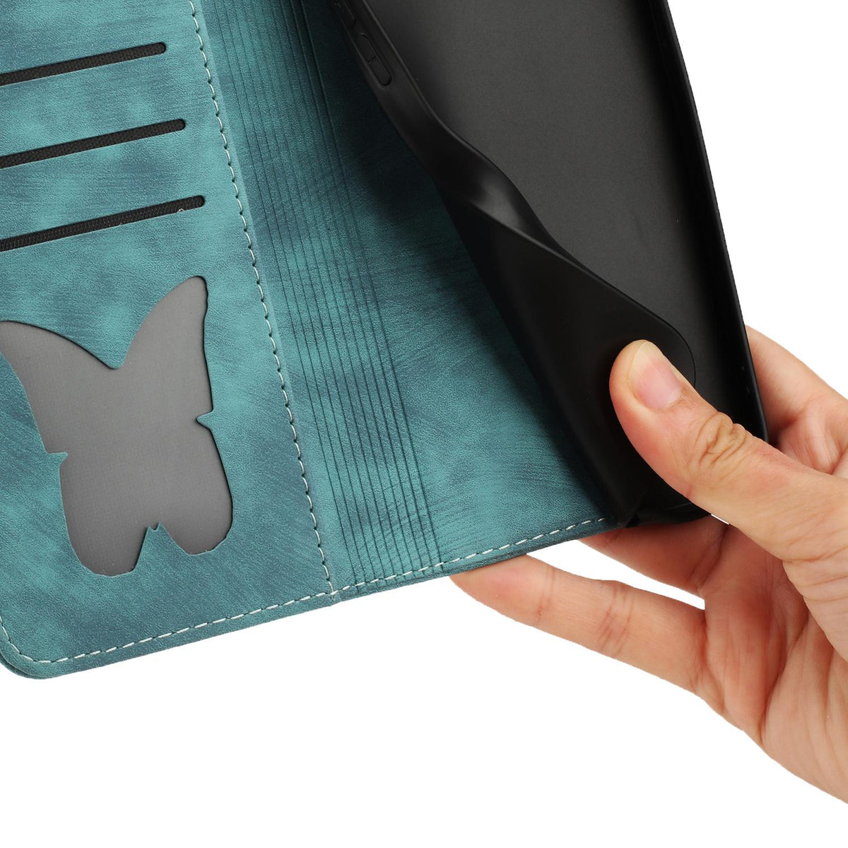 Compatible with iPhone 18 Pro Max & 17 Pro Max Butterfly Cat Embossing Flip Leather Phone Case - Wathet