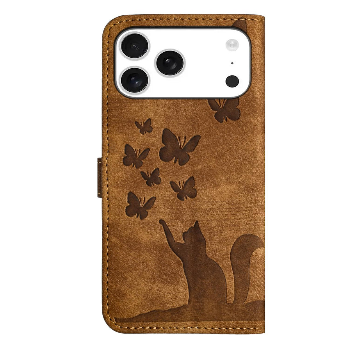 Compatible with iPhone 18 Pro Max & 17 Pro Max Butterfly Cat Embossing Flip Leather Phone Case - Brown