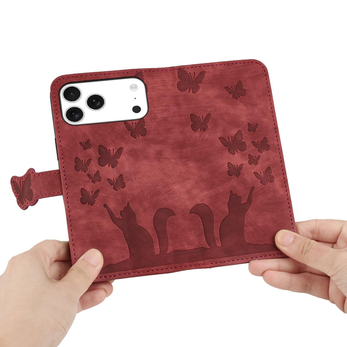 Compatible with iPhone 18 Pro & 17 Pro Butterfly Cat Embossing Flip Leather Phone Case - Red