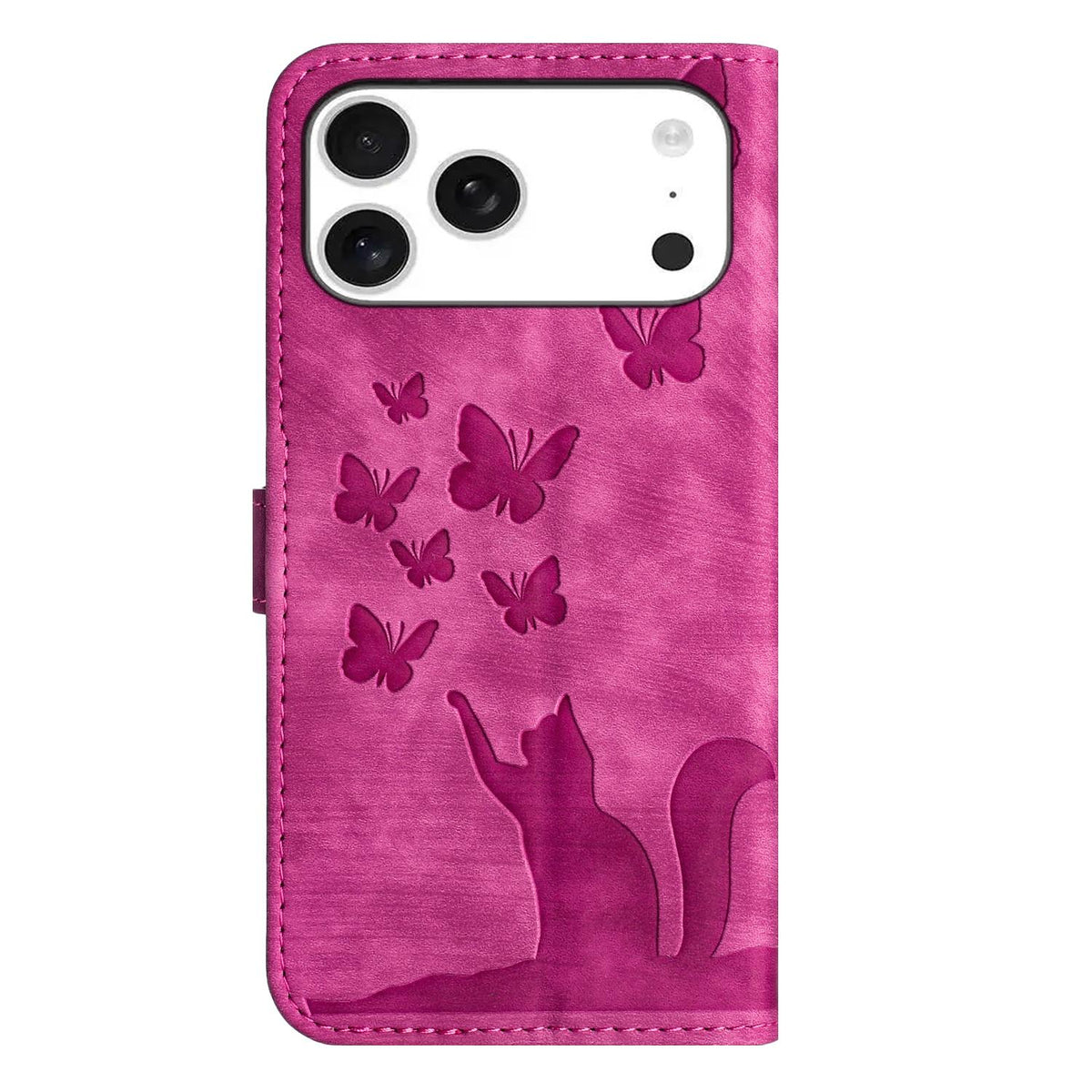 Compatible with iPhone 18 Pro & 17 Pro Butterfly Cat Embossing Flip Leather Phone Case - Pink