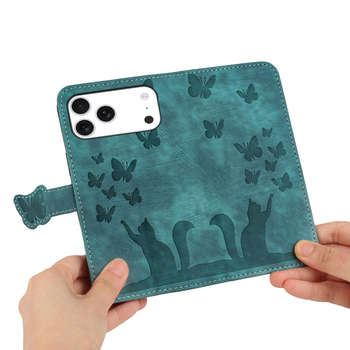 Compatible with iPhone 18 Pro & 17 Pro Butterfly Cat Embossing Flip Leather Phone Case - Wathet
