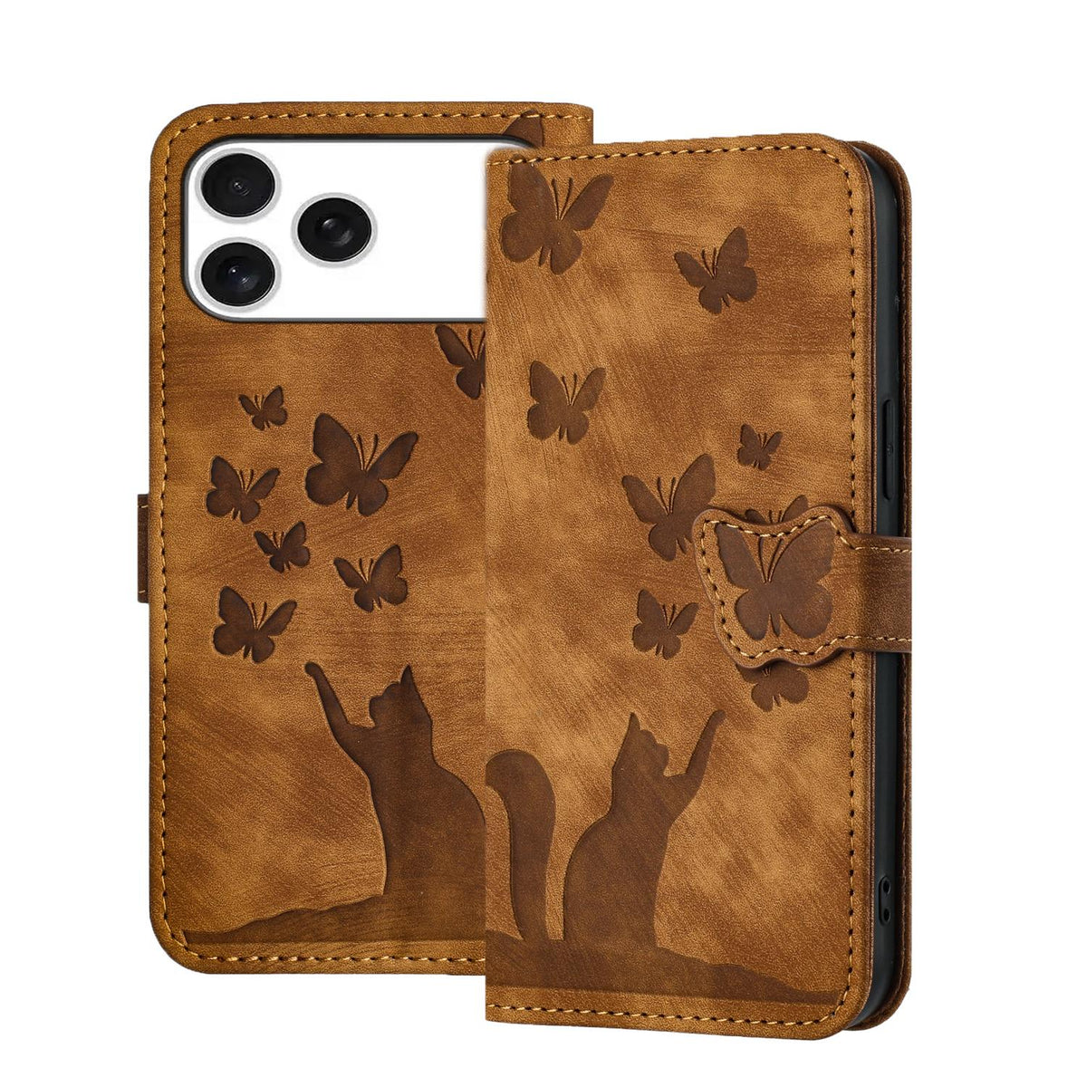 Compatible with iPhone 18 Pro & 17 Pro Butterfly Cat Embossing Flip Leather Phone Case - Brown