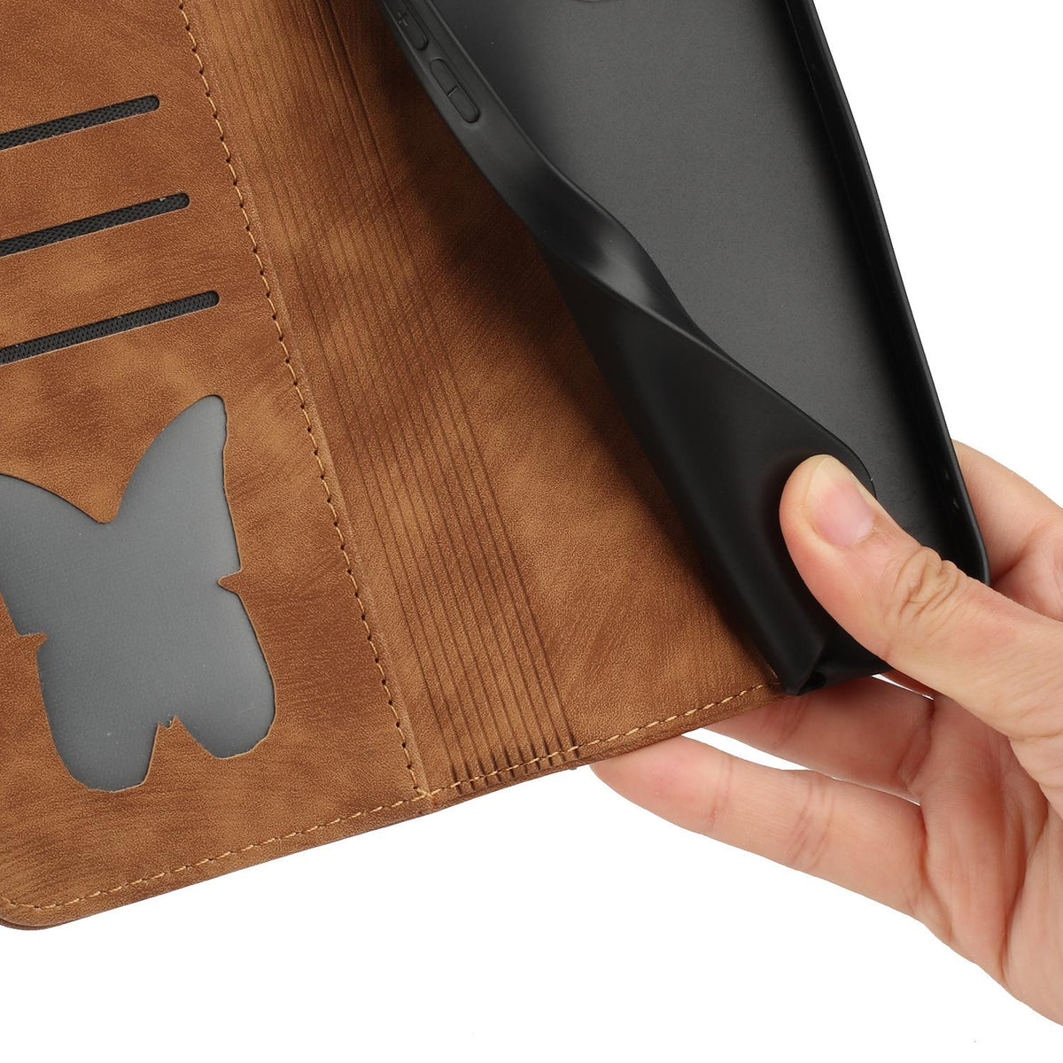 Compatible with iPhone 18 Pro & 17 Pro Butterfly Cat Embossing Flip Leather Phone Case - Brown