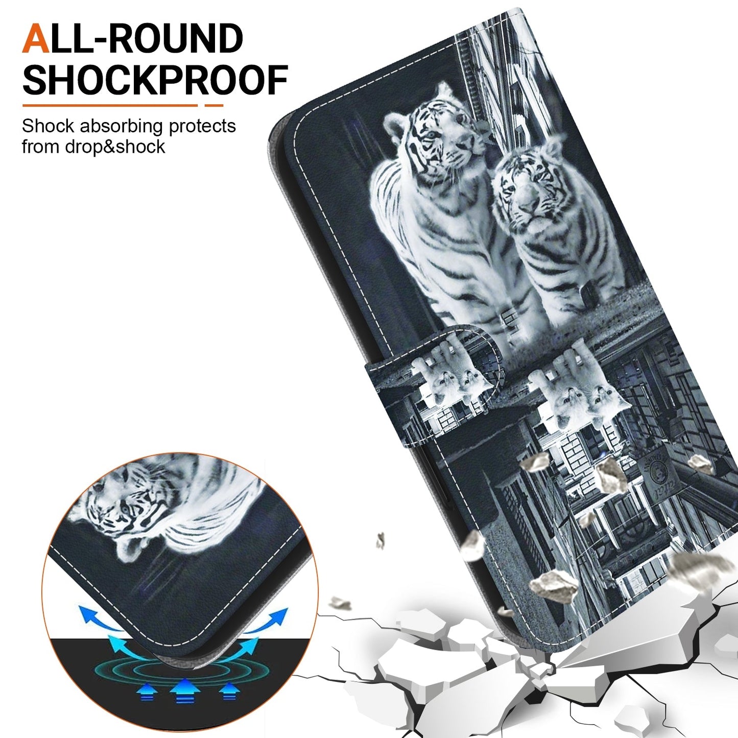 For iPhone 16e Crystal Texture Colored Drawing Leather Phone Case(Cat Tiger Reflection)