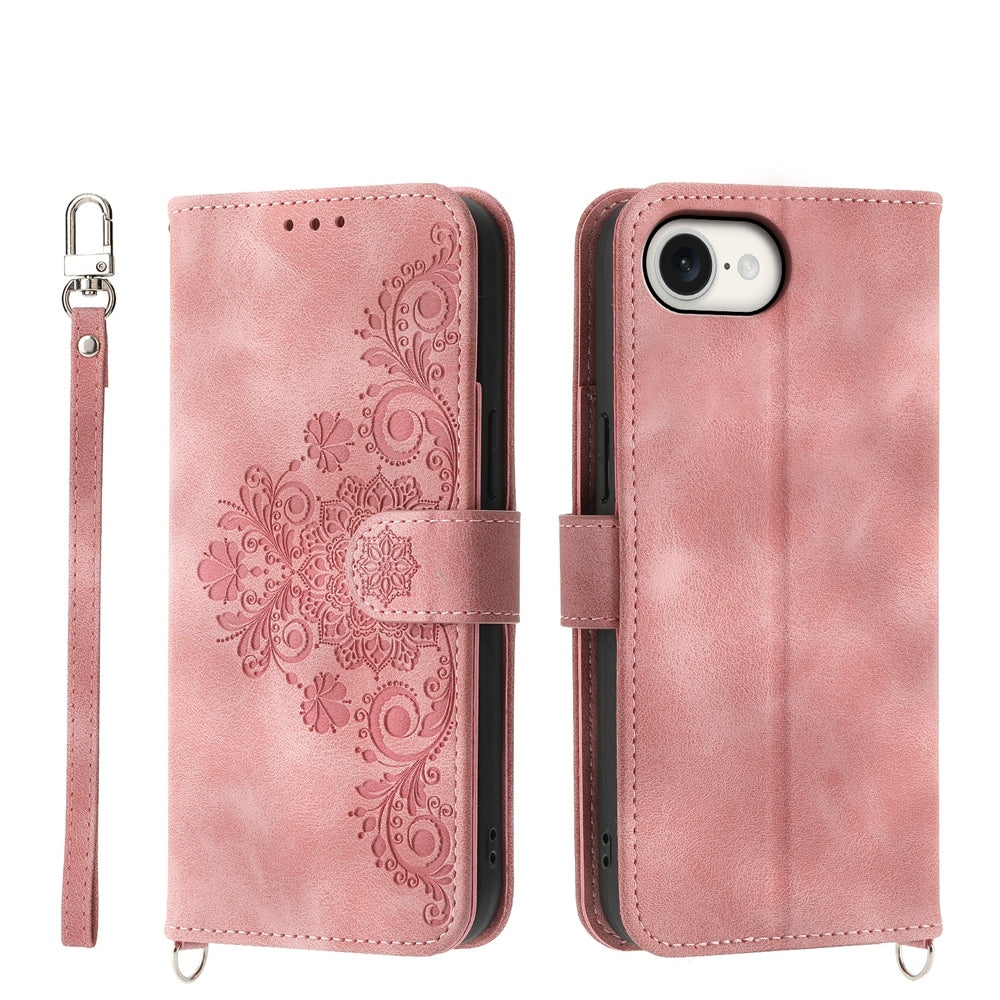 For iPhone 16e Skin-feel Flowers Embossed Wallet Leather Phone Case(Pink)