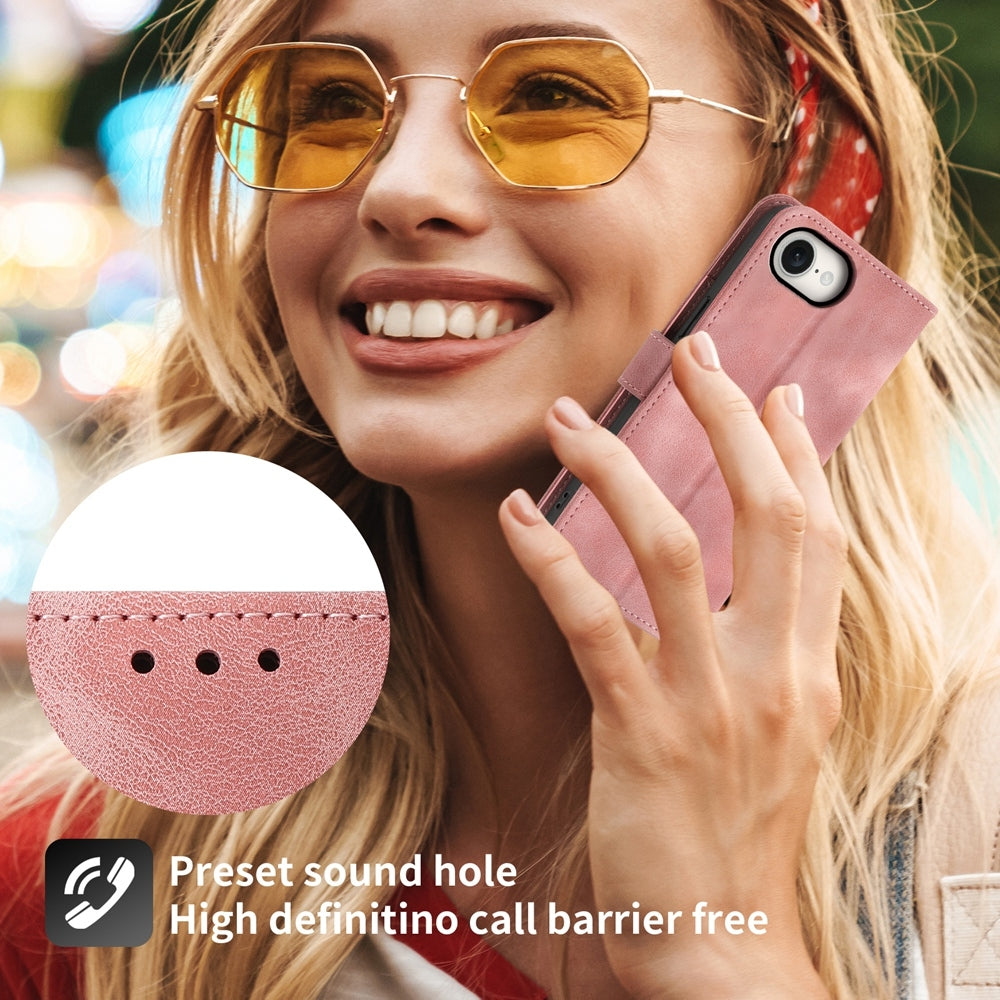 For iPhone 16e Skin-feel Flowers Embossed Wallet Leather Phone Case(Pink)
