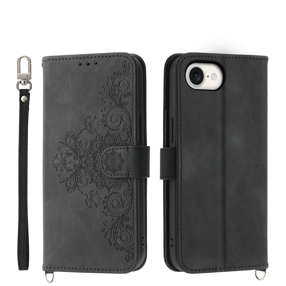 For iPhone 16e Skin-feel Flowers Embossed Wallet Leather Phone Case(Black)