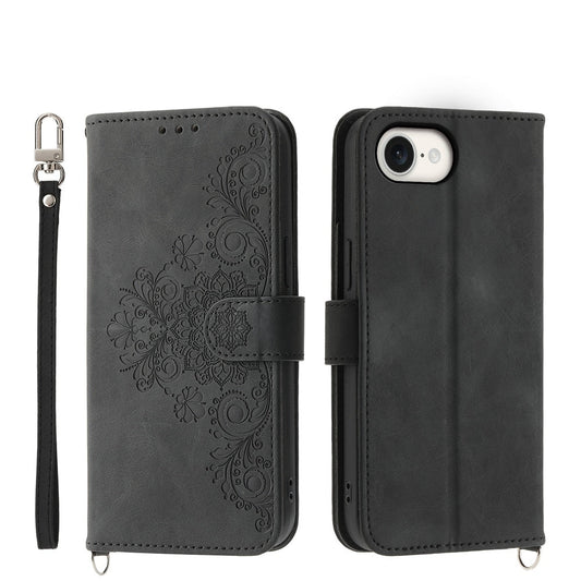 For iPhone 16e Skin-feel Flowers Embossed Wallet Leather Phone Case(Black)