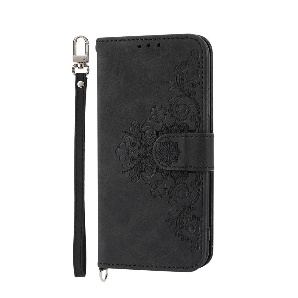 For iPhone 16e Skin-feel Flowers Embossed Wallet Leather Phone Case(Black)