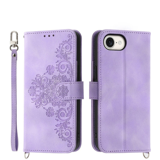 For iPhone 16e Skin-feel Flowers Embossed Wallet Leather Phone Case(Purple)