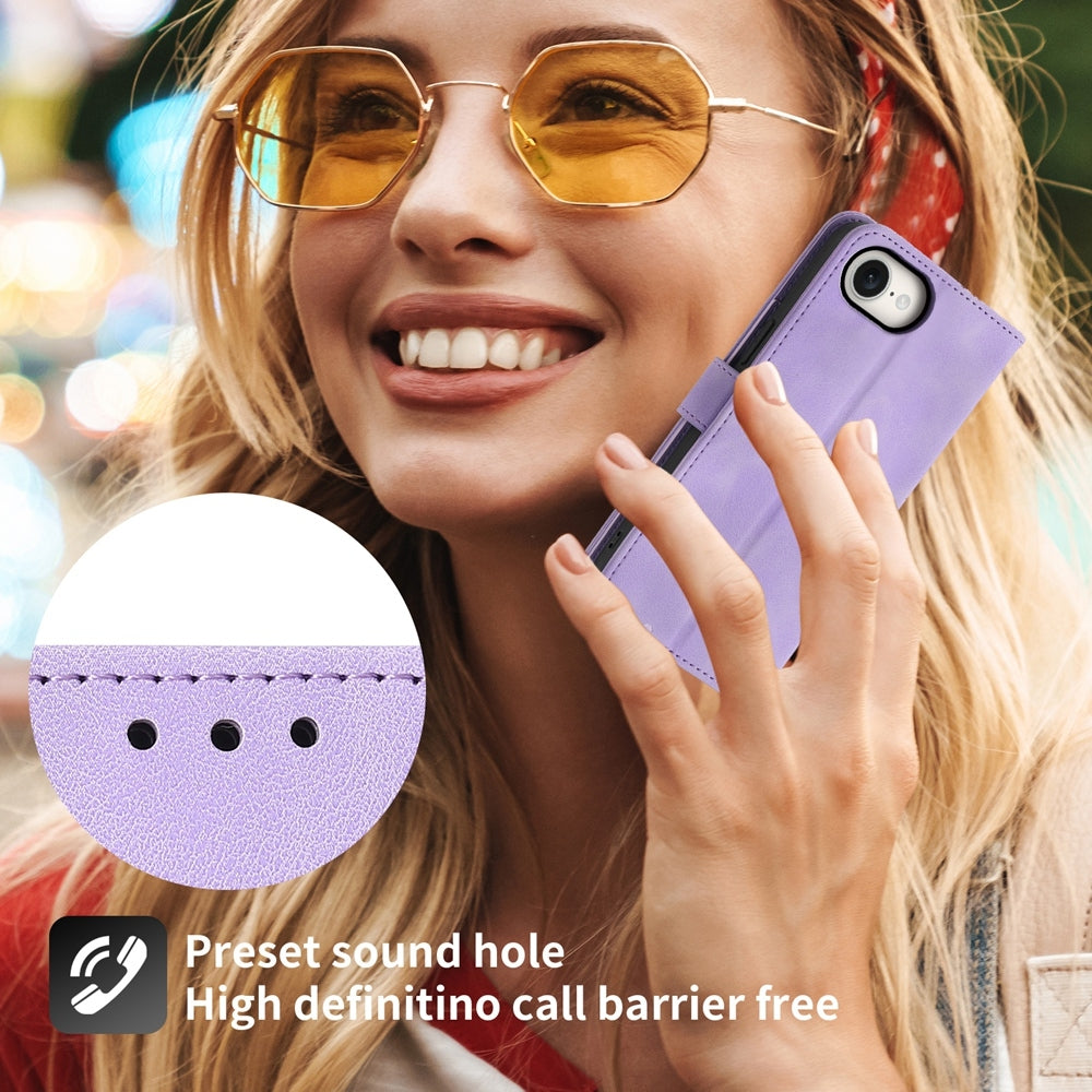 For iPhone 16e Skin-feel Flowers Embossed Wallet Leather Phone Case(Purple)