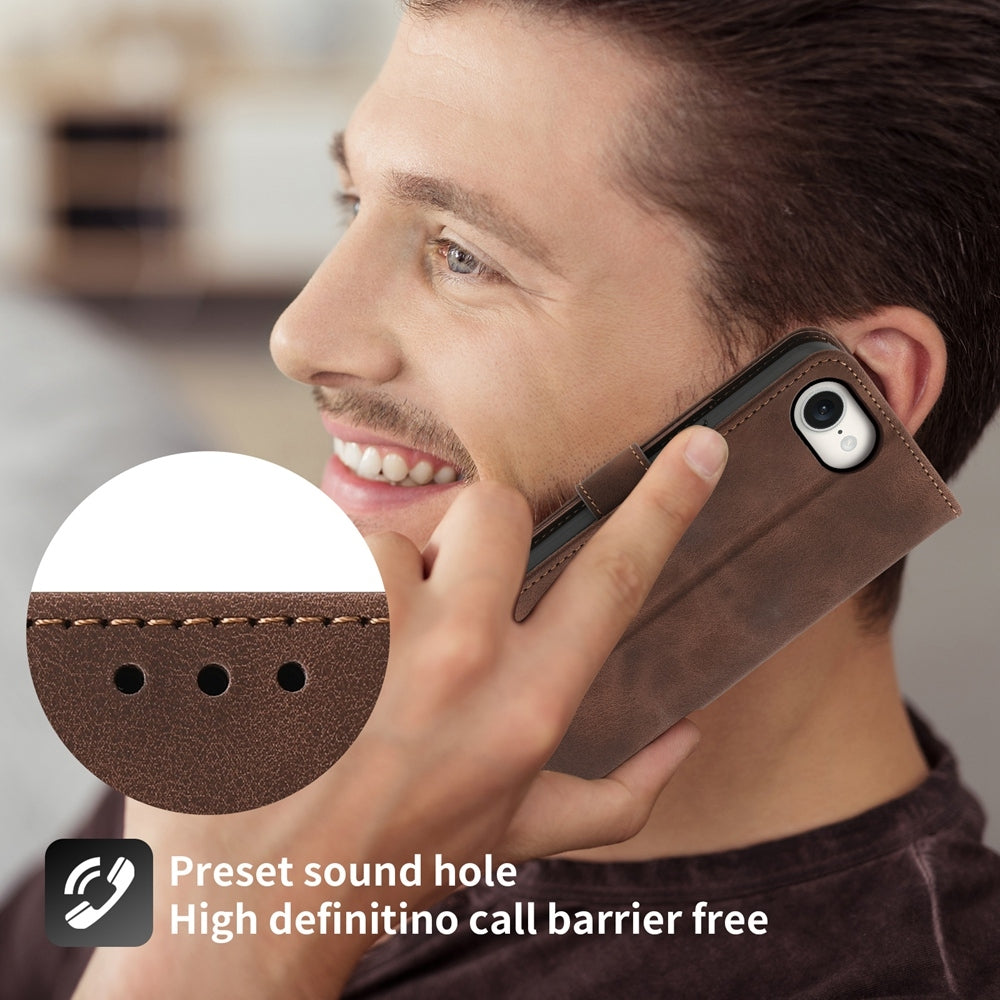 For iPhone 16e Skin-feel Flowers Embossed Wallet Leather Phone Case(Brown)