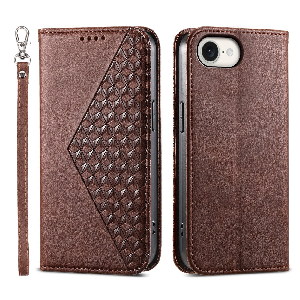 For iPhone 16e Cubic Grid Calf Texture Magnetic Leather Phone Case(Brown)