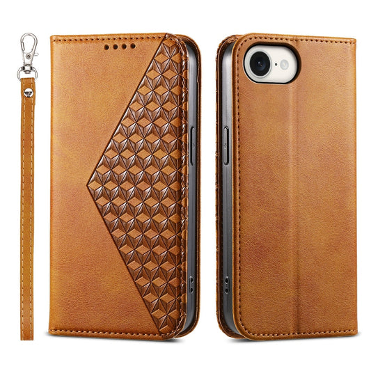 For iPhone 16e Cubic Grid Calf Texture Magnetic Leather Phone Case(Yellow)