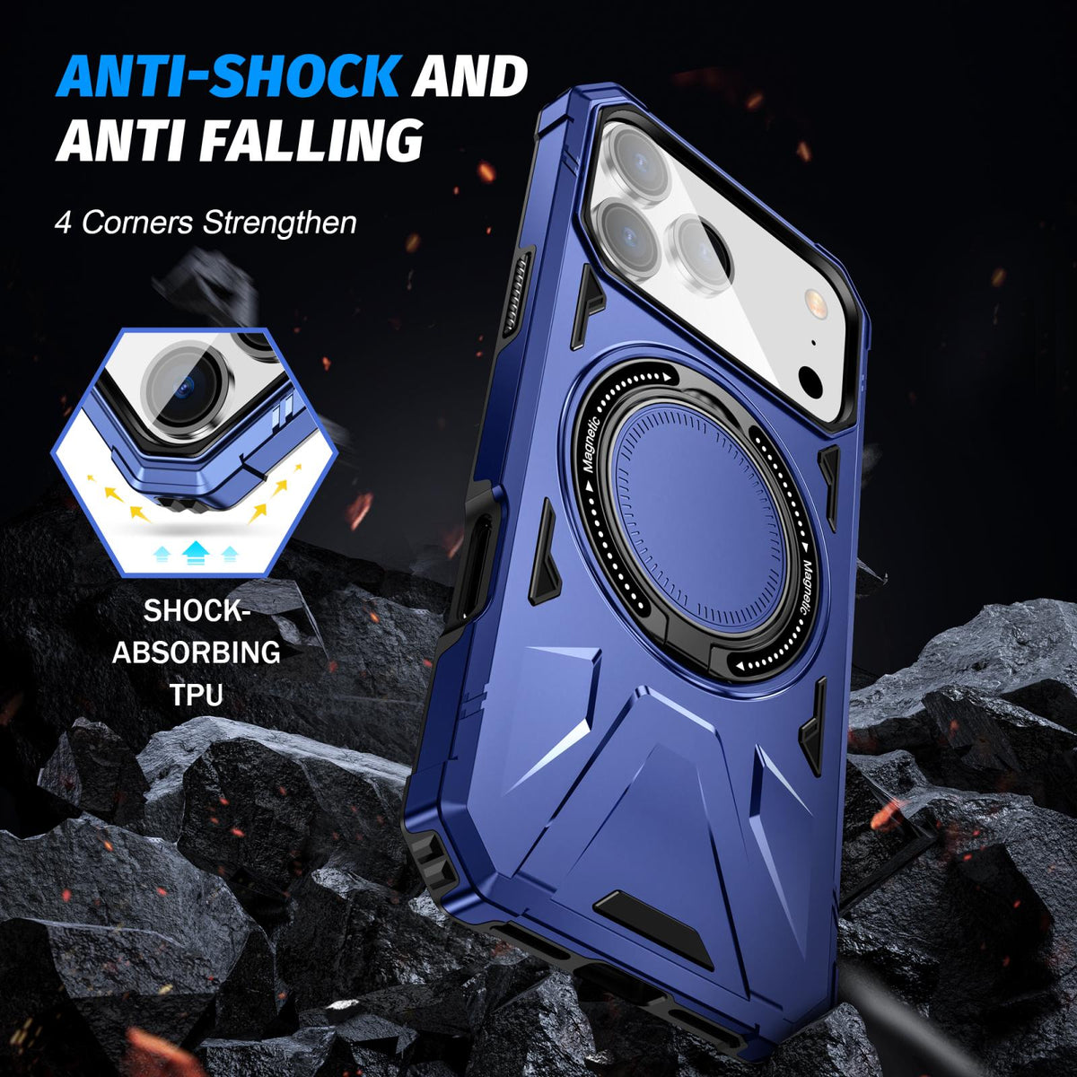 Compatible with iPhone 18 Pro Max & 17 Pro Max MagSafe Magnetic Shockproof Phone Case with Ring Holder - Navy Blue