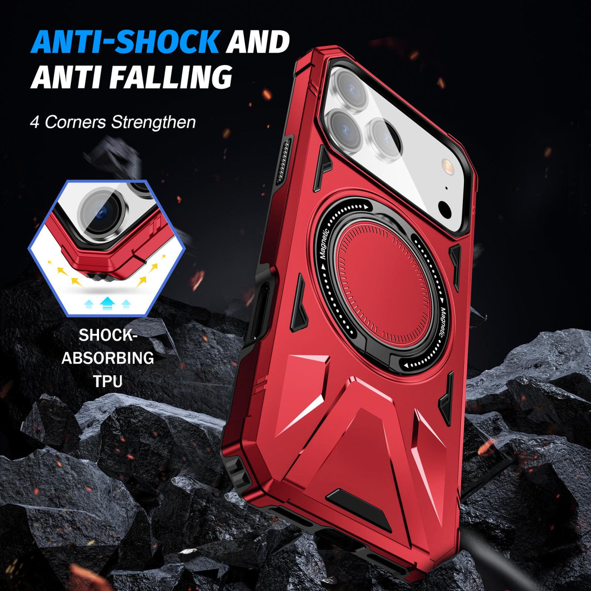 Compatible with iPhone 18 Pro Max & 17 Pro Max MagSafe Magnetic Shockproof Phone Case with Ring Holder - Red