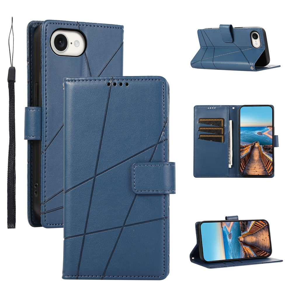 For iPhone 16e PU Genuine Leather Texture Embossed Line Phone Case(Blue)