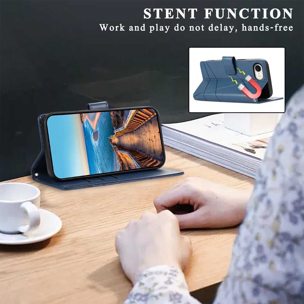 For iPhone 16e PU Genuine Leather Texture Embossed Line Phone Case(Blue)