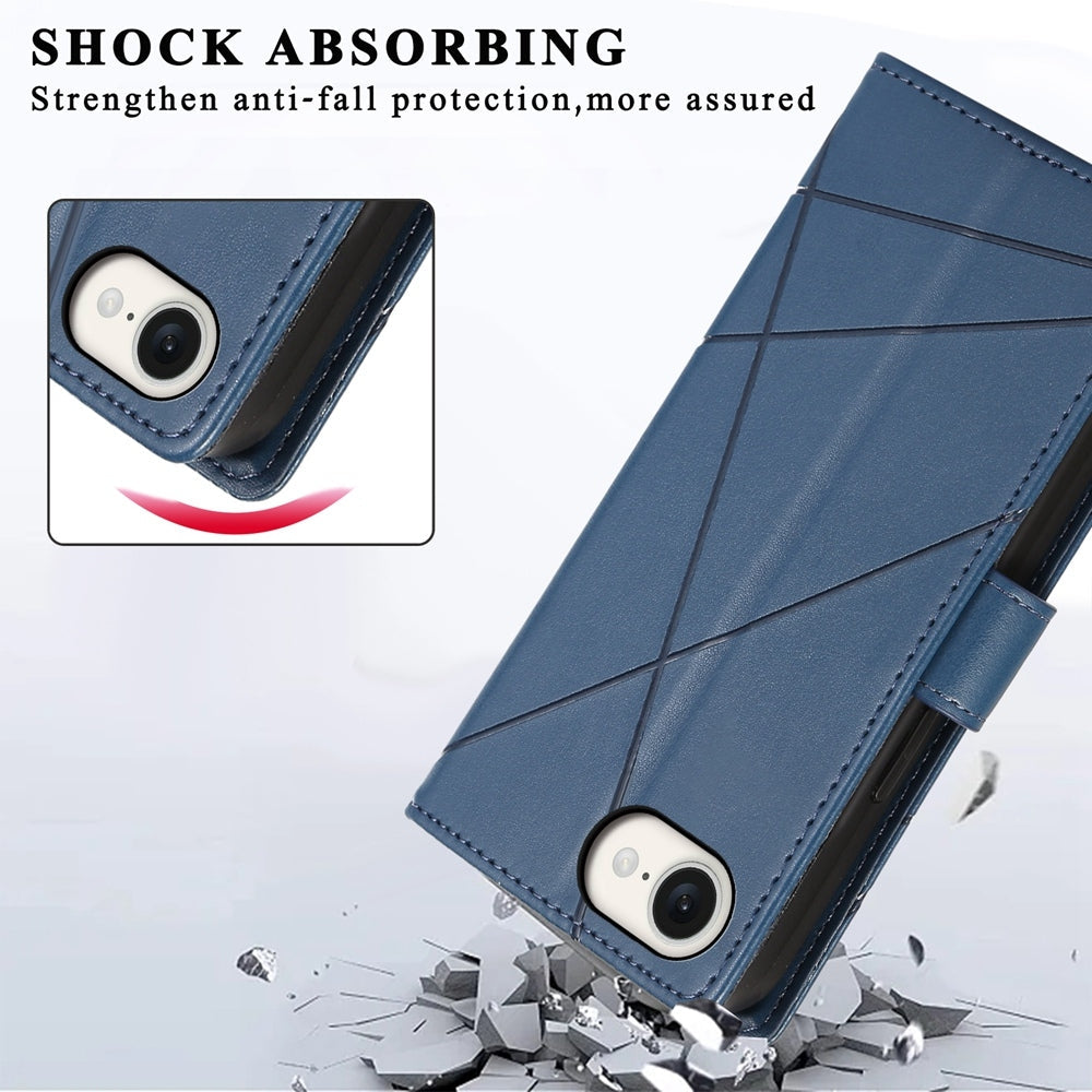 For iPhone 16e PU Genuine Leather Texture Embossed Line Phone Case(Blue)
