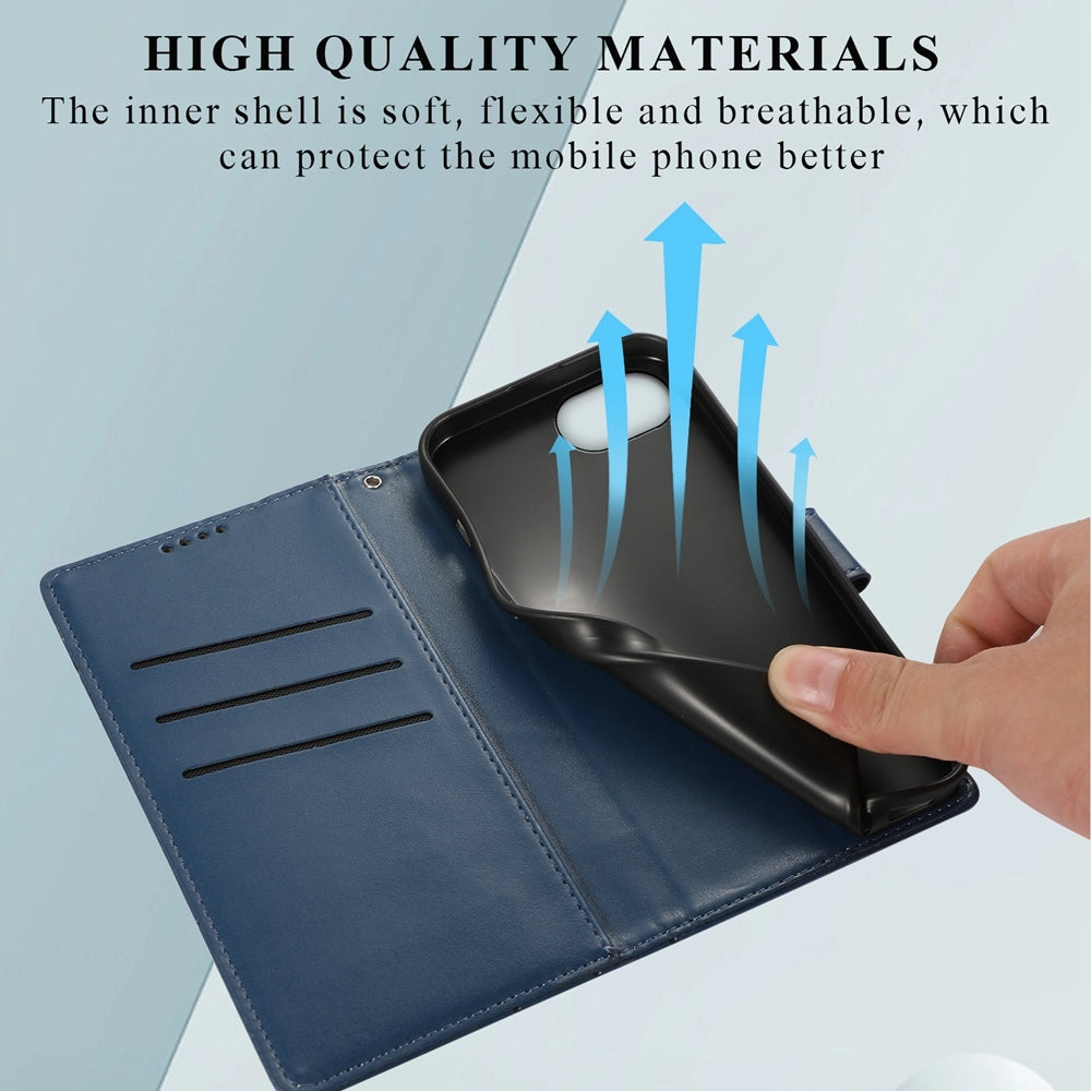 For iPhone 16e PU Genuine Leather Texture Embossed Line Phone Case(Blue)