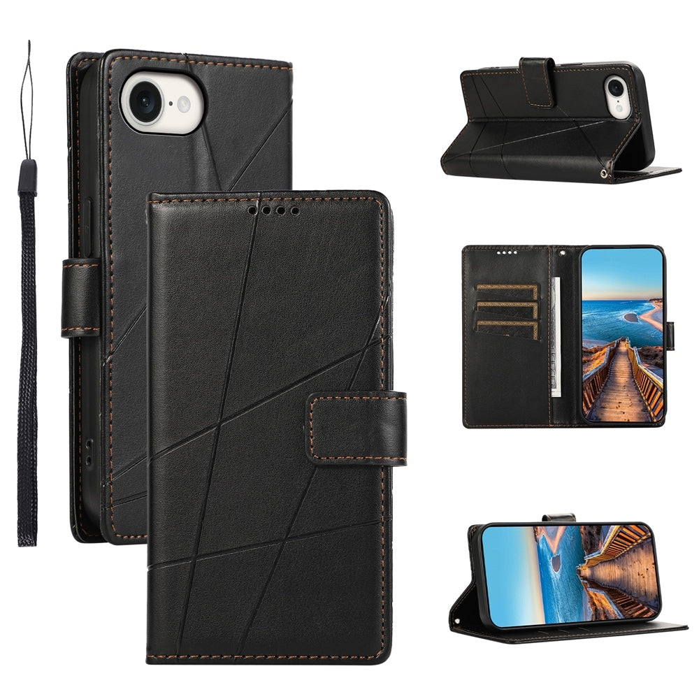 For iPhone 16e PU Genuine Leather Texture Embossed Line Phone Case(Black)
