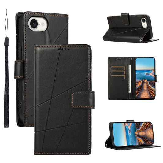 For iPhone 16e PU Genuine Leather Texture Embossed Line Phone Case(Black)