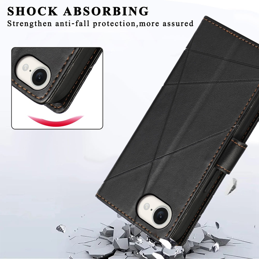 For iPhone 16e PU Genuine Leather Texture Embossed Line Phone Case(Black)