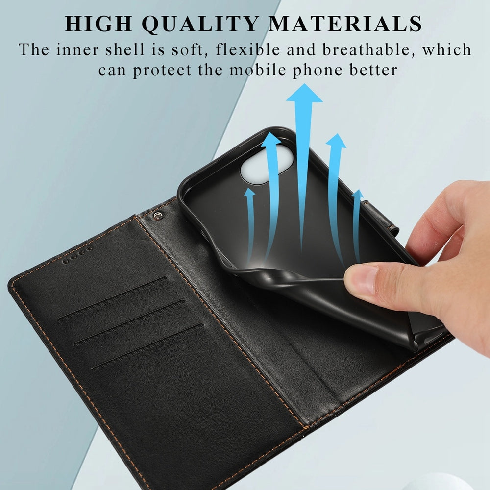For iPhone 16e PU Genuine Leather Texture Embossed Line Phone Case(Black)