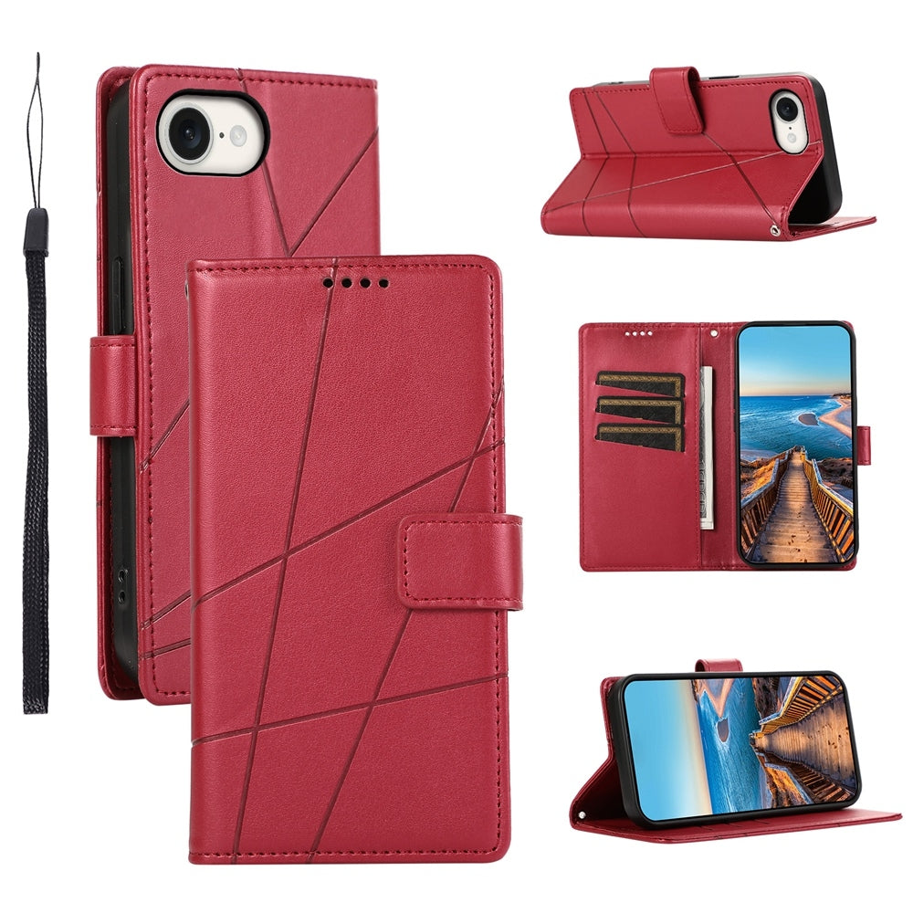 For iPhone 16e PU Genuine Leather Texture Embossed Line Phone Case(Red)