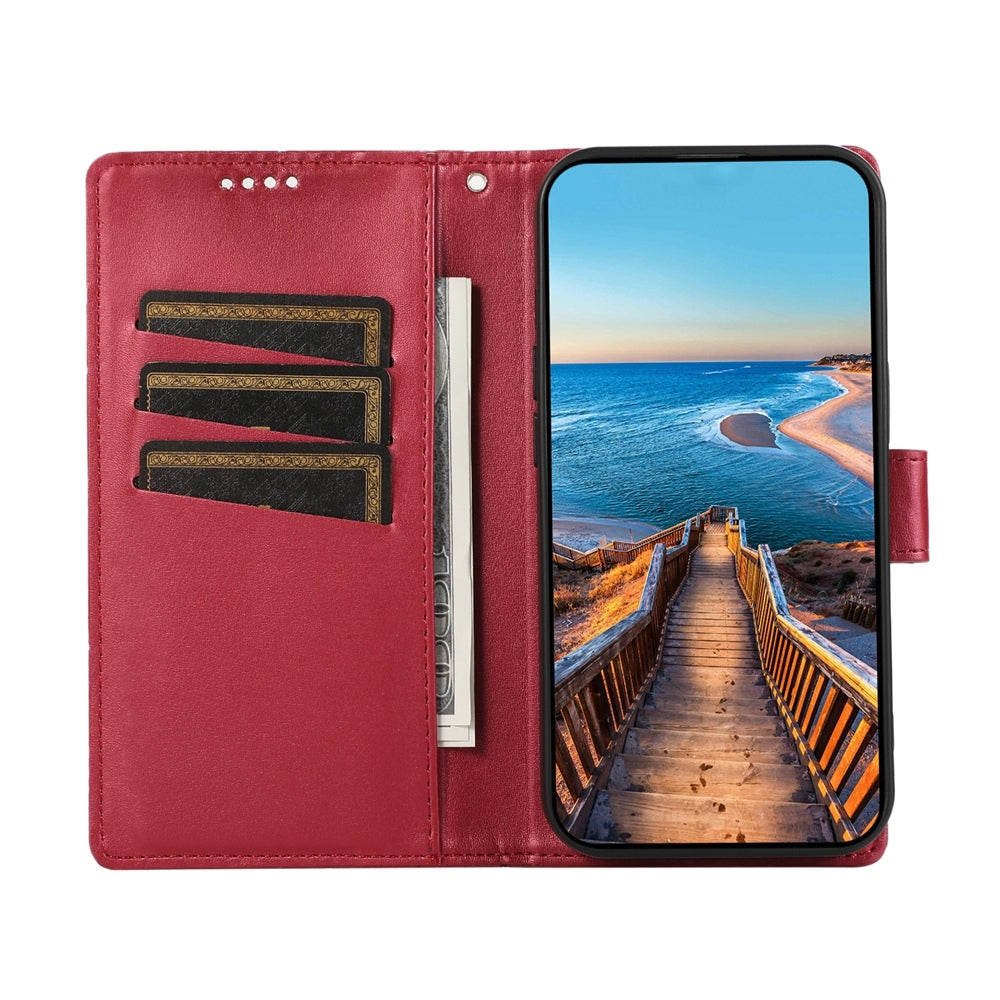 For iPhone 16e PU Genuine Leather Texture Embossed Line Phone Case(Red)