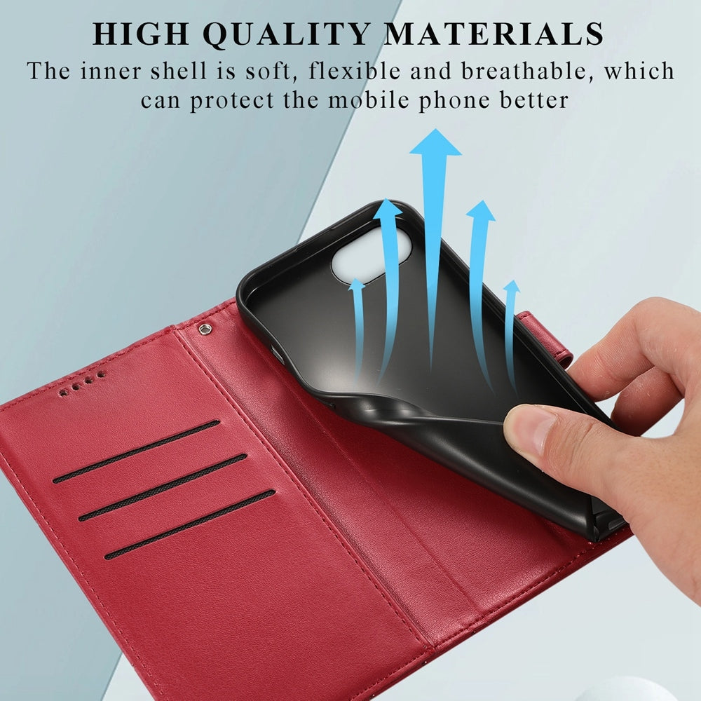 For iPhone 16e PU Genuine Leather Texture Embossed Line Phone Case(Red)