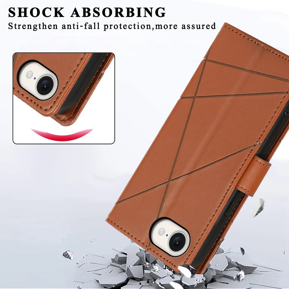 For iPhone 16e PU Genuine Leather Texture Embossed Line Phone Case(Brown)