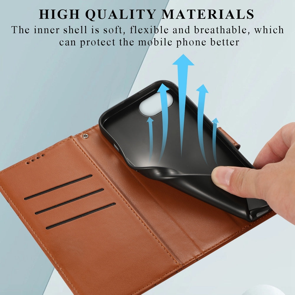 For iPhone 16e PU Genuine Leather Texture Embossed Line Phone Case(Brown)