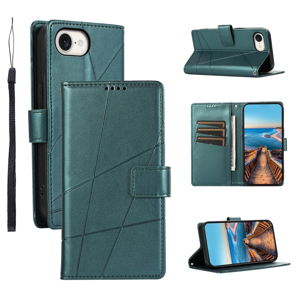 For iPhone 16e PU Genuine Leather Texture Embossed Line Phone Case(Green)