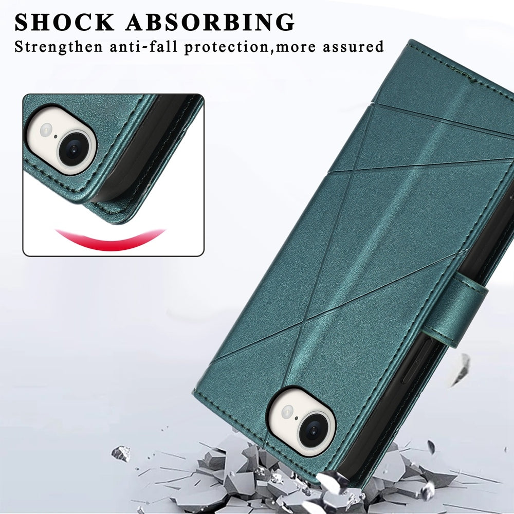 For iPhone 16e PU Genuine Leather Texture Embossed Line Phone Case(Green)