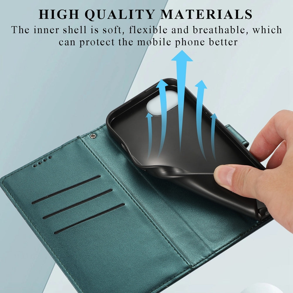 For iPhone 16e PU Genuine Leather Texture Embossed Line Phone Case(Green)