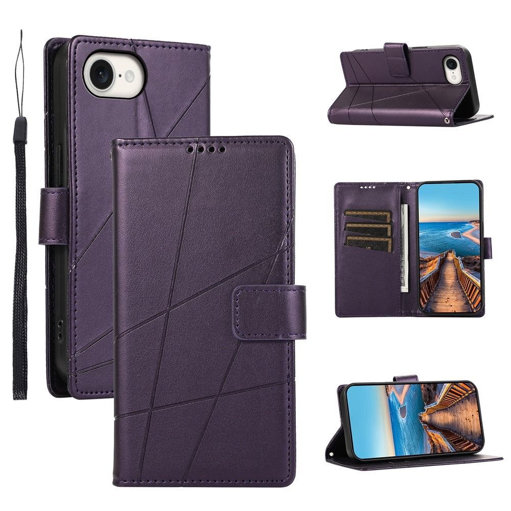 For iPhone 16e PU Genuine Leather Texture Embossed Line Phone Case(Purple)